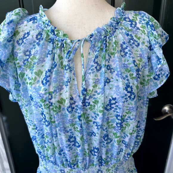 Shoshanna Sz 14 Blue Cottagecore Floral Smocked Waist Ruffled Hem Sheer w/ Slip - Picture 5 of 9